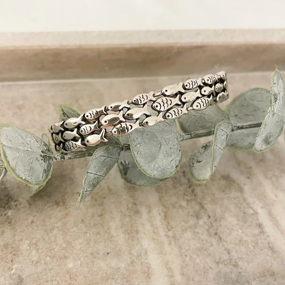 925 Sterling Silver Cuff Bracelet School of Fish Bracelet Modern Silver Bangle - Picture 5 of 9